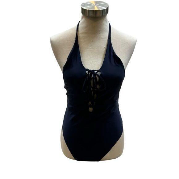 Ladies Aerie Swim Navy Blue Lace Front One Piece Swim Suit Size Medium - Picture 3 of 9